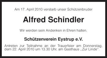 Todesanzeige von Alfred Schindler von KREISZEITUNG SYKE