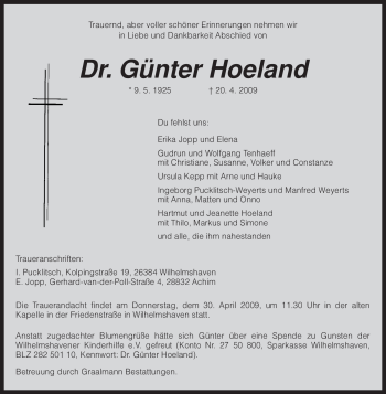 Todesanzeige von Günter Hoeland von KREISZEITUNG SYKE