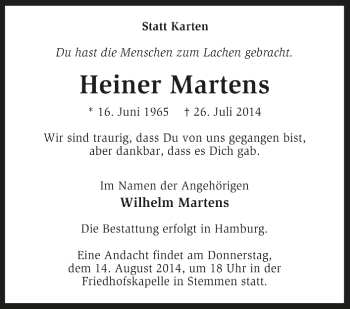 Todesanzeige von Heiner Martens von Kreiszeitung