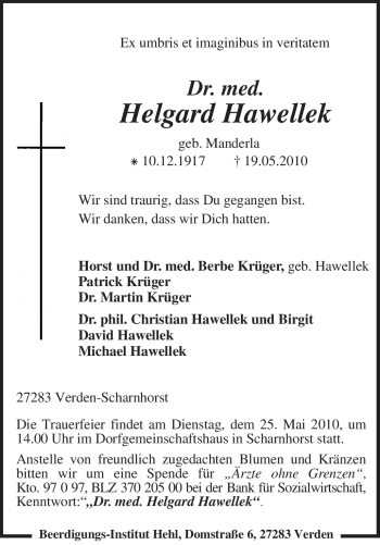 Todesanzeige von Helgard Hawellek von KREISZEITUNG SYKE