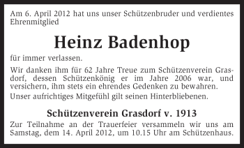 Todesanzeige von Heinz Badenhop von KREISZEITUNG SYKE
