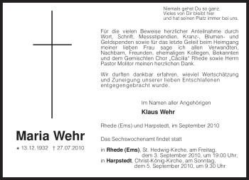 Todesanzeige von Maria Wehr von KREISZEITUNG SYKE