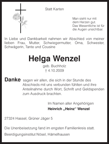 Todesanzeige von Helga Wenzel von KREISZEITUNG SYKE