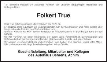 Todesanzeige von Folkert True von KREISZEITUNG SYKE