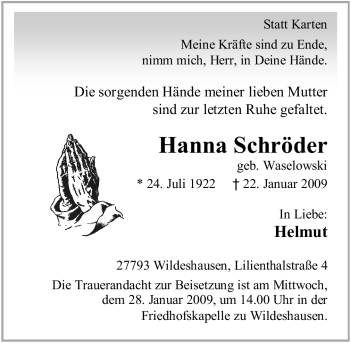 Todesanzeige von Hanna Schröder 