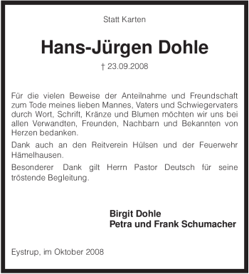 Todesanzeige von Hans Jürgen Dohle von KREISZEITUNG SYKE