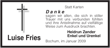 Todesanzeige von Luise Fries von KREISZEITUNG SYKE