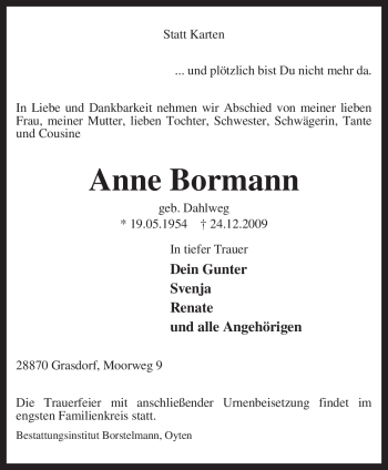 Todesanzeige von Anne Bormann von KREISZEITUNG SYKE