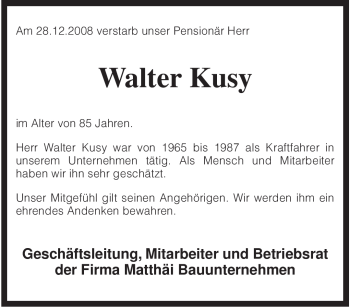 Todesanzeige von Walter Kusy von KREISZEITUNG SYKE