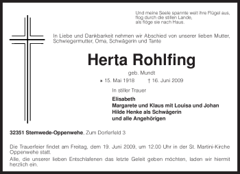 Todesanzeige von Herta Rohlfing von KREISZEITUNG SYKE