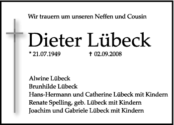 Todesanzeige von Dieter Lübeck von KREISZEITUNG SYKE