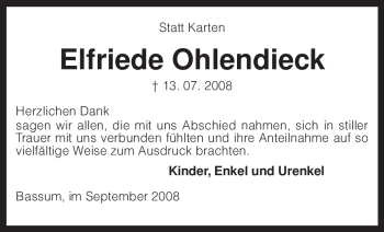 Todesanzeige von Elfriede Ohlendieck von KREISZEITUNG SYKE