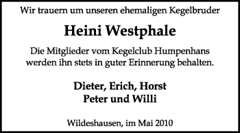 Todesanzeige von Heini Westphale von KREISZEITUNG SYKE