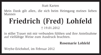 Todesanzeige von Friedrich Lohfeld von KREISZEITUNG SYKE