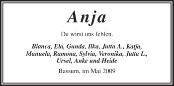 Todesanzeige von Anja Unbekannt von KREISZEITUNG SYKE