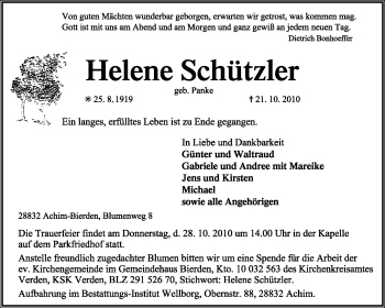 Todesanzeige von Helene Schützler von KREISZEITUNG SYKE