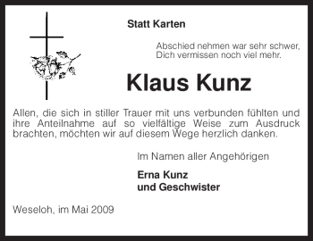 Todesanzeige von Klaus Kunz von KREISZEITUNG SYKE