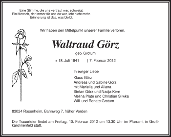 Todesanzeige von Waltraud Görz von KREISZEITUNG SYKE