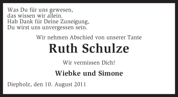 Todesanzeige von Ruth Schulze von KREISZEITUNG SYKE