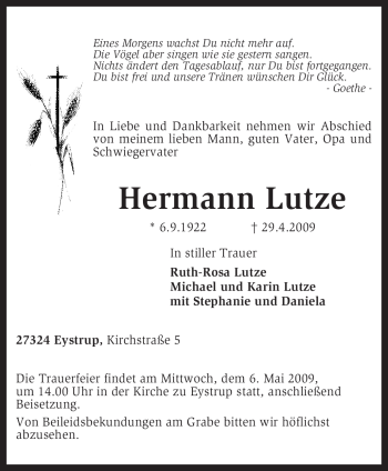 Todesanzeige von Hermann Lutze von KREISZEITUNG SYKE