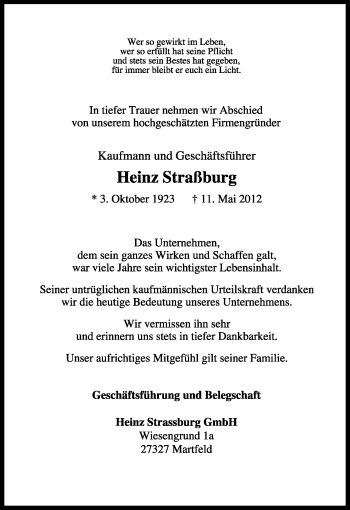 Todesanzeige von Heinz Straßburg von KREISZEITUNG SYKE