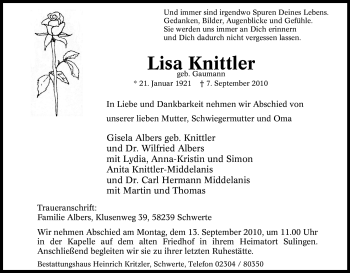Todesanzeige von Lisa Knittler 