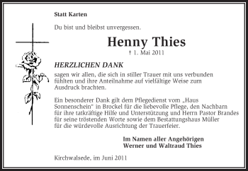 Todesanzeige von Henny Thies von KREISZEITUNG SYKE