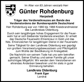 Todesanzeige von Günter Rohdenburg 