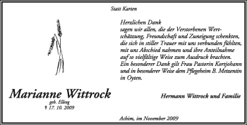 Todesanzeige von Marianne Wittrock von KREISZEITUNG SYKE