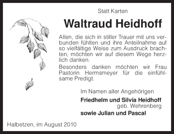 Todesanzeige von Waltraud Heidhoff von KREISZEITUNG SYKE