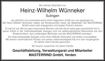 Todesanzeige von Heinz-Wilhelm Wünneker von KREISZEITUNG SYKE