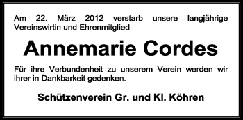 Todesanzeige von Annemarie Cordes von KREISZEITUNG SYKE