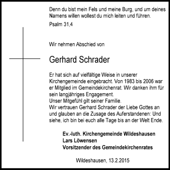 Todesanzeige von Gerhard Schrader von KRZ