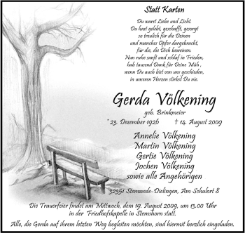 Todesanzeige von Gerda Völkening von KREISZEITUNG SYKE