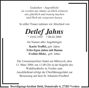 Todesanzeige von Detlef Jahns von KREISZEITUNG SYKE