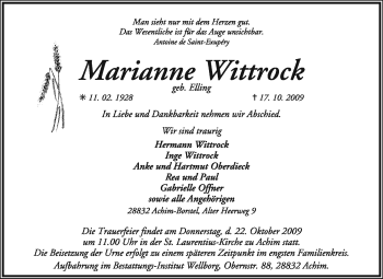 Todesanzeige von Marianne Wittrock von KREISZEITUNG SYKE