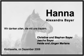 Todesanzeige von Hanna Alexandra Bayer von KREISZEITUNG SYKE