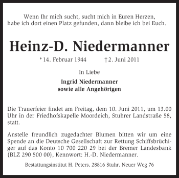 Todesanzeige von Heinz-D. Niedermanner von KREISZEITUNG SYKE