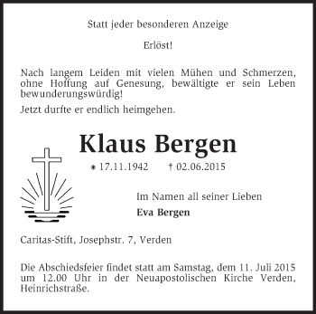Todesanzeige von Klaus Bergen von KRZ