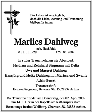 Todesanzeige von Marlies Dahlweg von KREISZEITUNG SYKE