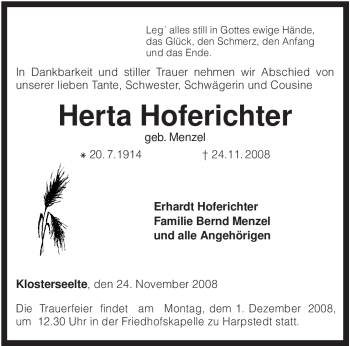 Todesanzeige von Herta Hoferichter von KREISZEITUNG SYKE