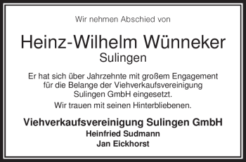 Todesanzeige von Heinz-Wilhelm Wünneker von KREISZEITUNG SYKE