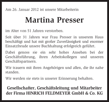 Todesanzeige von Martina Presser von KREISZEITUNG SYKE