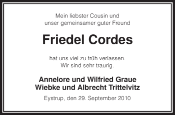 Todesanzeige von Friedel Cordes von KREISZEITUNG SYKE