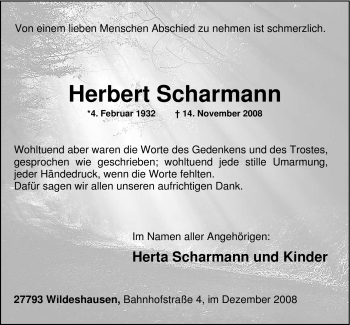 Todesanzeige von Herbert Scharmann von KREISZEITUNG SYKE