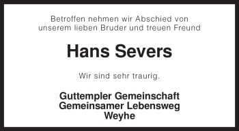 Todesanzeige von Hans Severs von KREISZEITUNG SYKE