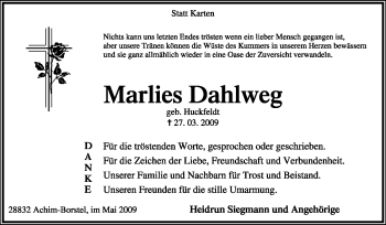 Todesanzeige von Marlies Dahlweg von KREISZEITUNG SYKE