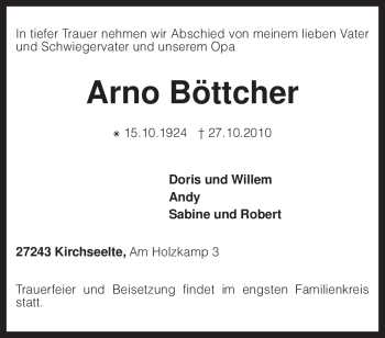 Todesanzeige von Arno Böttcher von KREISZEITUNG SYKE