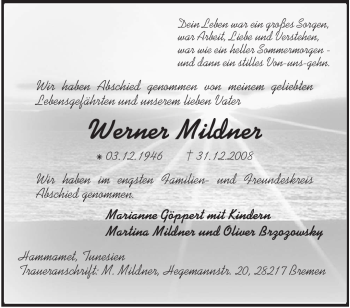 Todesanzeige von Werner Mildner von KREISZEITUNG SYKE