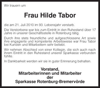 Todesanzeige von Hilde Tabor von KREISZEITUNG SYKE
